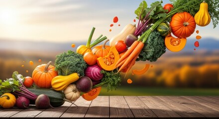 Autumn Harvest Vegetables Levitate Over Rustic Table with Blurred Landscape Background, Fall, Levitating, Floating