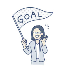ゴールと書かれた旗を持つ笑顔の40代女性のイラスト