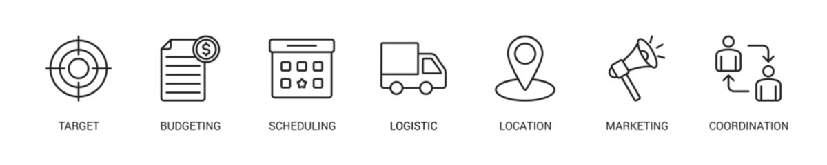 Event Management Line Icon Set For Web Banner. Vector Illustration Concept With Some Icons. Designed In Line Style