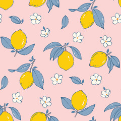 lemon flower pattern, fruit seamless. Small little flower on pink background. wallpaper pattern. cottage core style, Hand drawn design for fashion, fabric, packaging, stationary, textile, print