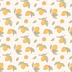 lemon pattern, fruit seamless. Small little lemon on light  background. wallpaper pattern. cottage core style, design for fashion, fabric, packaging, stationary, textile