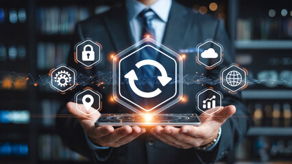 Dynamic businessman presenting cloud technology and innovative digital solutions on mobile device for seamless operations and global connectivity success