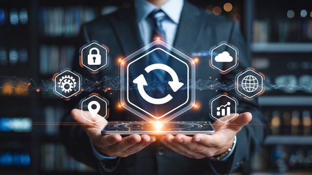 Dynamic businessman presenting cloud technology and innovative digital solutions on mobile device for seamless operations and global connectivity success - Powered by Adobe