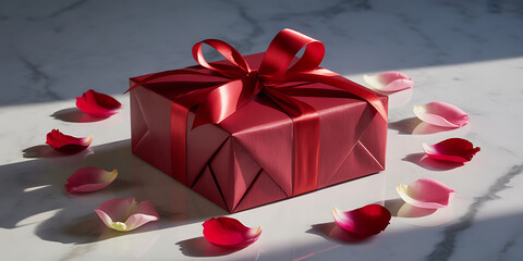 Elegant red gift box adorned with satin ribbon and delicate rose petals, perfect for romantic celebrations, Valentine's Day gifts, or expressing heartfelt appreciation, a beautiful symbol of love