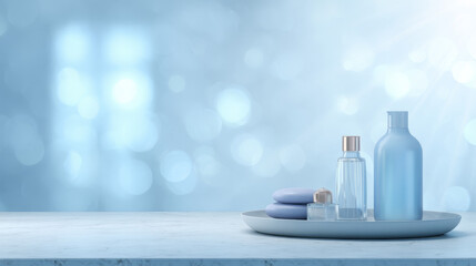 "Spacious background with soft blue lighting and subtle shadows, featuring a blurry spotlight—perfect for winter presentations, branding, cosmetics, and food products."