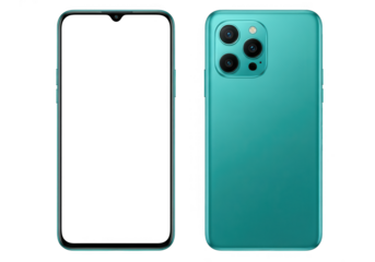 Teal smartphone displaying front and back designs with advanced multicamera lens system