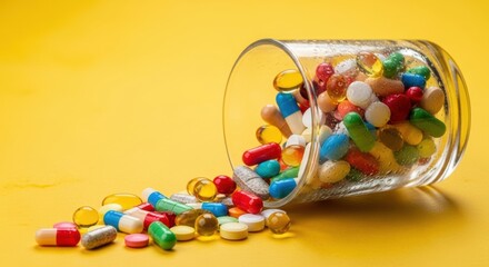 Colorful Pills Spilling From Glass, Medicine, Capsules, Vitamins