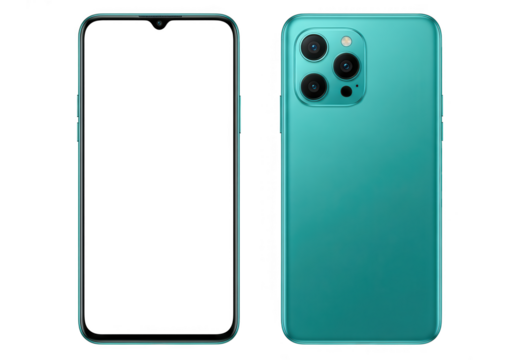 Teal smartphone displaying front and back designs with advanced multicamera lens system