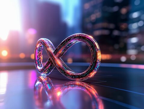 A metallic infinity symbol with glowing digital patterns reflects on a dark surface with blurred city lights in the background.
