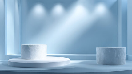 "Spacious background with soft blue lighting and subtle shadows, featuring a blurry spotlight—perfect for winter presentations, branding, cosmetics, and food products."