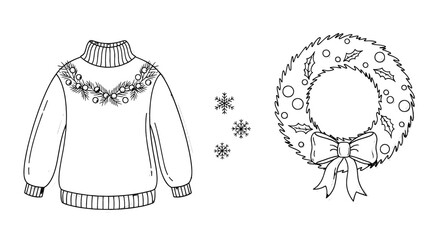 Cozy winter sweater and festive Christmas wreath with snowflakes