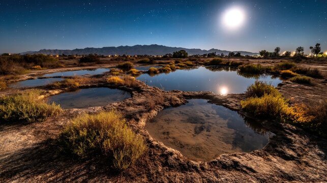 Bright full moon illuminates desert pools under a starry night sky