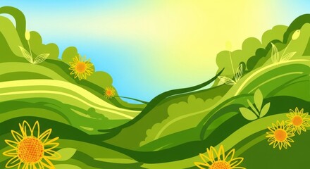 Cheerful Sunny Rolling Hills with Stylized Sunflowers and Gentle Green Curves, Sunshine, Abstract, Nature