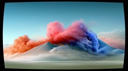 A surreal landscape featuring rolling hills or mountains enveloped in vibrant, swirling clouds of pink, red, and blue smoke against a clear, pale blue sky.