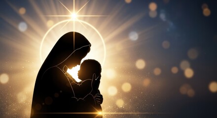 Mother and Child Silhouette with Golden Halo and Starburst, Baby, Love, Family
