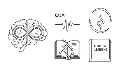 Brain with infinity symbol representing mental wellness, adaptive learning book, and calm heartbeat.