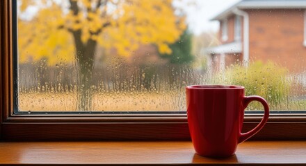 Cozy Red Mug on a Rainy Autumn Day, Fall, Window, Coffee