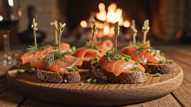 Delicious Smoked Salmon Canap?s on Toasted Bread with Dill and Chives by a Cozy Fireplace.