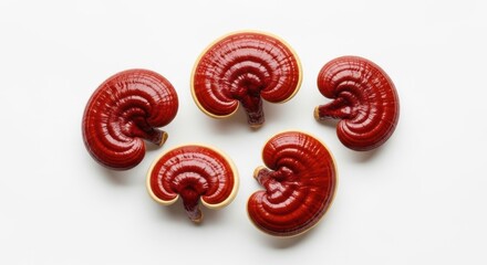 Glossy Red Reishi Mushrooms Arranged Artistically on White Background, Lingzhi mushroom, Ganoderma lucidum, Medicinal mushroom