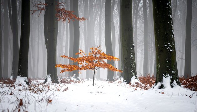 A singular tree with vibrant orange foliage stands in the center of a snow-covered forest, fog surrounds