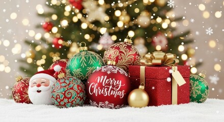 Merry Christmas Scene with Ornaments, Gifts, and Tree Lights, Holiday, Festive, Celebration