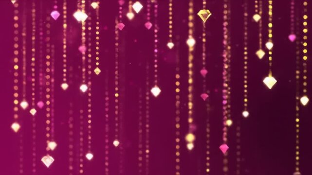 Abstract background with strings of beads and diamonds falling against a dark pink backdrop.
