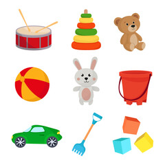 Cute kids toys plush bunny bear colorful pyramid car cubes ball sand bucket flat illustration