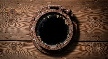 Rusty Porthole on Weathered Wood Background, Ship window, Round window, Rustic