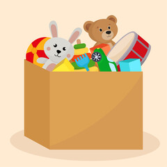 Cute toy box with colorful kids educational toys rabbit bear car pyramid cubes ball flat illustration
