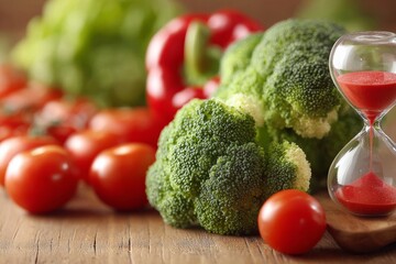 healthy food in the foreground, an hourglass in the background, 20 minutes of eating, no feeling of hunger 