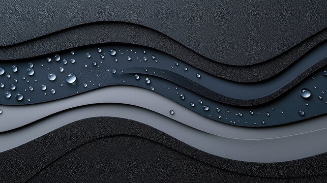 A dark, abstract background with wavy layers of dark gray and blue textures, adorned with numerous water droplets. - Powered by Adobe