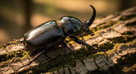 Glossy black beetle perched on textured tree bark in a peaceful forest under warm daylight.