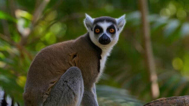 A Ring-tailed lemur in a natural setting. The lemur sits among the green foliage. The lemur's unique features showcase its distinct character Stock Video