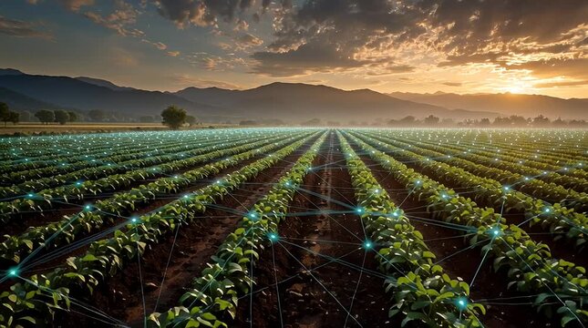Smart agriculture future field with glowing network and sunset landscape
