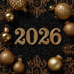 Gold 2026 numbers stand out against a dark elegant background with sparkling ornaments. Rich textures and warm reflections create a luxurious festive Christmas and New Year atmosphere full of shine.