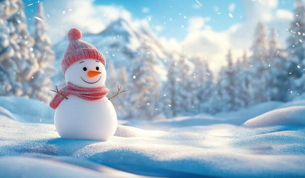 A cute smiling snowman wearing a hat and scarf set against a snowy landscape with mountains and falling snow in the background.