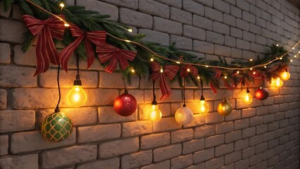 Cozy christmas garland hanging on white brick wall with decorative bows light bulbs and ornaments.