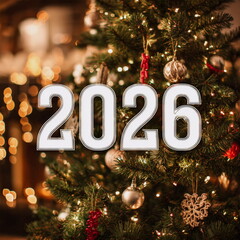 Warm Christmas tree lights glow softly behind bold white 2026 numbers, creating a festive holiday mood. Golden ornaments, cozy bokeh and evergreen branches add depth, magic and warmth to the scene.