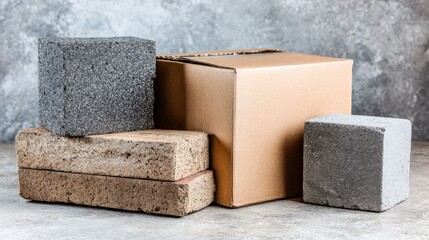 Various construction and packaging materials are arranged on a textured surface against a mottled background.
