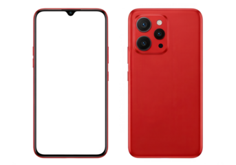 Front and back view of a red smartphone, showcasing its sleek design and camera setup