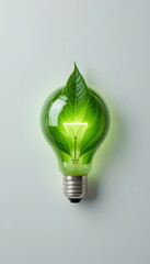 A creative eco-concept image of a green lightbulb with a glowing leaf inside symbolizing sustainable energy.