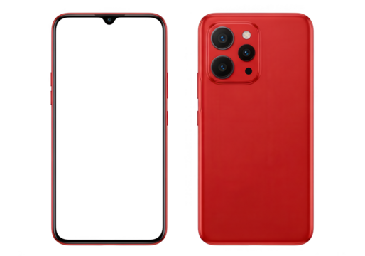 Front and back view of a red smartphone, showcasing its sleek design and camera setup