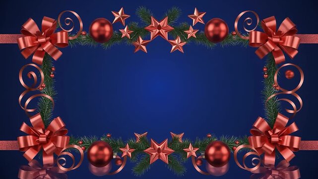Festive Christmas border with ornaments, ribbons, and pine on blue background