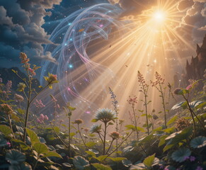 A magical spring meadow illuminated by radiant sunlight and ethereal swirling light trails.
