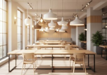 Blurred coworking area with pendant light and communal table