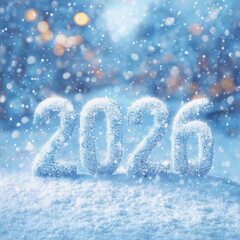 Icy frosted digits forming 2026 stand in a snowy winter landscape with sparkling blue tones. A cold, magical New Year mood perfect for Christmas visuals, winter campaigns and seasonal branding.