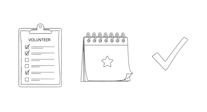Checklist, calendar, and checkmark representing organized volunteer work and task completion