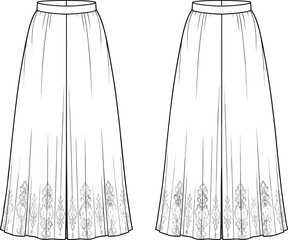 CAD drawing flat vector illustration of floral embroidered pleated skirts, white fashion garment, apparel design template, sewing pattern, textile sketch