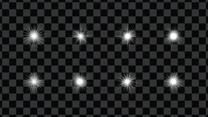 Shiny Sparkles. Star Burst Lights. Bright Glowing Flares. Vector Illustration on a Checkboard Background in Realistic style