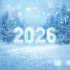 Icy frosted digits forming 2026 stand in a snowy winter landscape with sparkling blue tones. A cold, magical New Year mood perfect for Christmas visuals, winter campaigns and seasonal branding.
